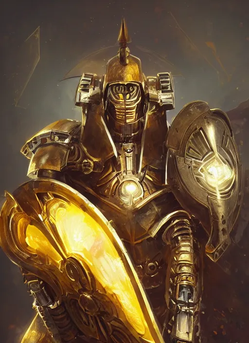 Prompt: dynamic attack position abstract portrait of a intricate glorious holy mechanical warforged character in yellow armor holding a paladin engraved great longsword drawn and carrying a big paladin shield, beam from eye , face in focus, epic , trending on ArtStation, masterpiece, cinematic lighting, by Ross Tran and by Greg Rutkowski