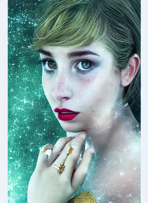 Image similar to glowing silver and golden elements, full close-up portrait, mixture of Emma Roberts, Sairone Miller, Elizabeth Brown Millerstone and Ryan Gosling as a dark witch, book cover, green forest, white moon, red lips, establishing shot, extremly high detail, photo-realistic, cinematic lighting, pen and ink, intricate line drawings, by Yoshitaka Amano, Ruan Jia, Kentaro Miura, Artgerm, post processed, concept art, artstation, matte painting, style by eddie mendoza, raphael lacoste, alex ross