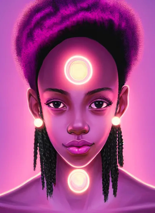 Image similar to portrait of teenage vanessa morgan with bright pink hair, black girl, curly pixie cut hair, wearing a purple breton cap, breton cap, hoop earrings, intricate, elegant, glowing lights, highly detailed, digital painting, artstation, concept art, smooth, sharp focus, illustration, art by wlop, mars ravelo and greg rutkowski