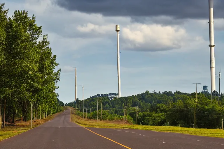 Prompt: a centered road next to warehouses, and a tree hill background with a radio tower on top, 3 0 0 mm telephoto lens