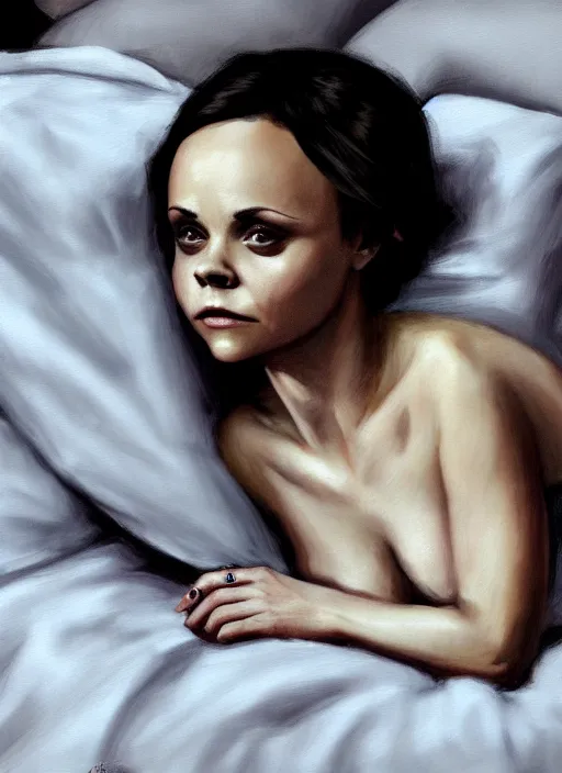 Image similar to christina ricci with clothes on and lying in bed, backround dark, highly detailed, digital illustration, trending in artstation, modern painting, smooth, sharp focus, intricate, einar jonsson, ilya repin