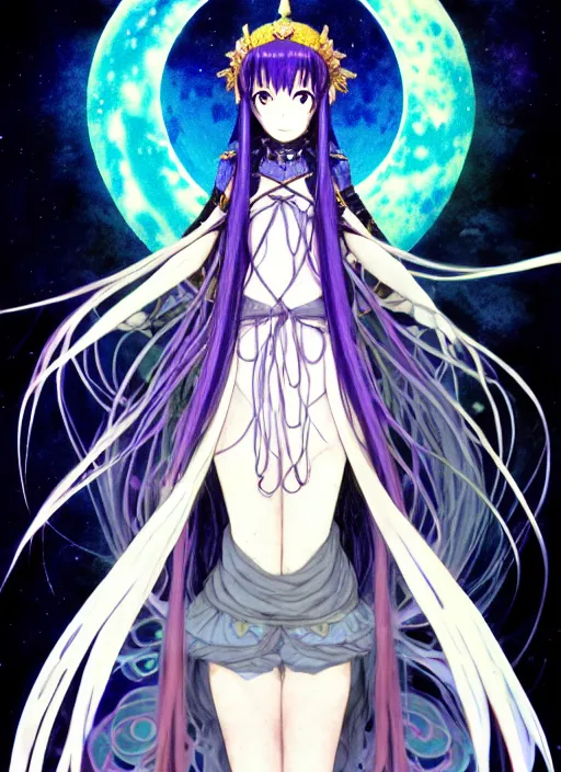 Prompt: full body portrait of the moon priestess, enchanted, dark, moon, magic, digital, concept art, Kyoto animation,last exile, blue submarine no. 6, katsura masakazu,tsutomu nihei, gustav klimt,loish, murata range, kawaii, studio lighting, manga, bright colors, anime,beautiful, 35mm lens,noir, vibrant high contrast, gradation, jean giraud, moebius, fantasy, rule of thirds, unreal engine, fibonacci, intricate, cel shaded, blender npr, flat, matte print, smooth, Ilya Kuvshinov