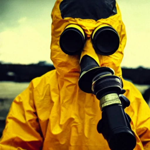 Prompt: a man wearing a hazmat suit and gasmask holding a revolver, film still, cinematic, enhanced