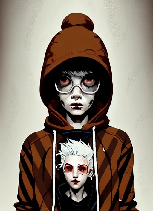 Image similar to highly detailed portrait of a sewer punk canadian lady, tartan hoody, white hair by atey ghailan, by greg rutkowski, by greg tocchini, by james gilleard, by joe fenton, by kaethe butcher, gradient red, brown, blonde cream and white color scheme, grunge aesthetic!!! ( ( graffiti tag wall background ) )