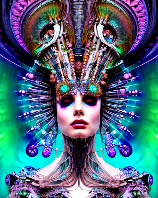 Prompt: detailed portrait of a beautiful goddess in a cyber headdress, neon cyberpunk make - up, art by android jones, ernst haeckel, nekro borja, alphonso mucha, h. r. giger, gothic - cyberpunk,