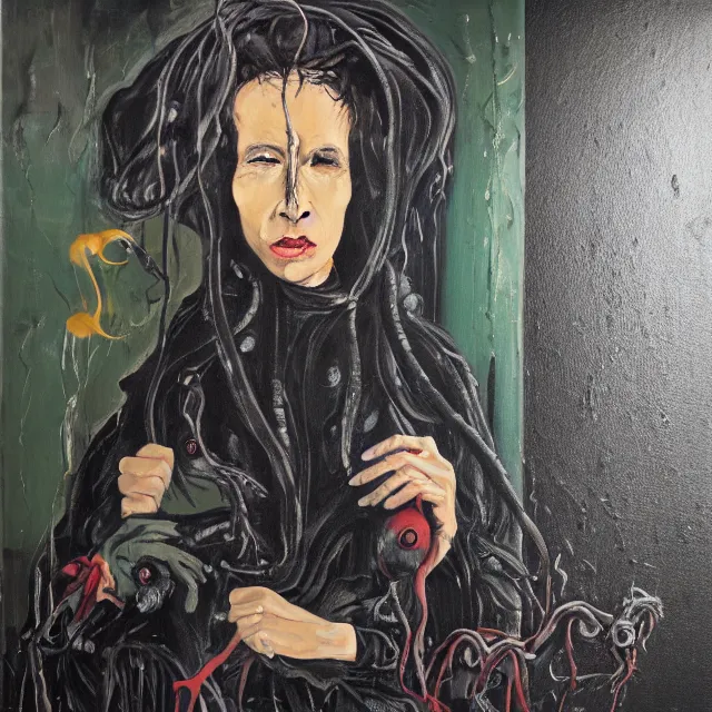 Prompt: a portrait in a dark apartment, a widow holding an octopus, streetlamps, wet, puddles, wild berries, rats, ikebana, neo - expressionism, surrealism, acrylic and spray paint and oilstick on canvas