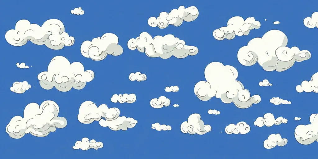 Prompt: flat cel shaded cartoon, curled blue sky fluffy curled clouds, smoke shaped clouds, from lorax movie, by studio ghibli