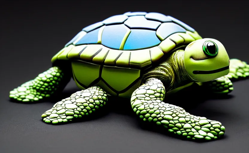 Image similar to artificial Intelligence turtle with its shell made out of modular-synth dials and knobs with a small AMOLED display, LED light accents, sleek design by apple, triple white colorway, modular-synth, VST, 4k, 33mm, high quality photo,