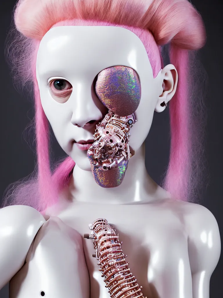 Prompt: portrait of a biomechanical goddess wearing a big pearl studded iridescent beauty mask and pink hair buns, wearing a black bodysuit by alexander mcqueen, cream white background, soft diffused light, biotechnology, humanoid robot, perfectly symmetric, bjork aesthetic, translucent, by rineke dijkstra, intricate details, highly detailed, masterpiece,