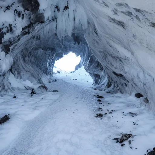 Prompt: dark ice cave with low ceiling and narrow rough river running through it, surreal,