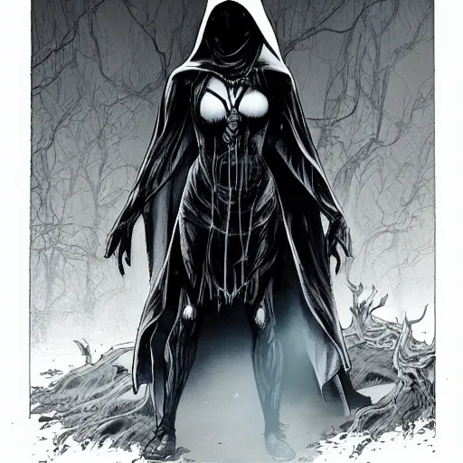 Prompt: a beautiful comic book illustration of the goddess of death wearing a black hoodie, standing in a swamp with fog by Jerome Opeña, featured on artstation