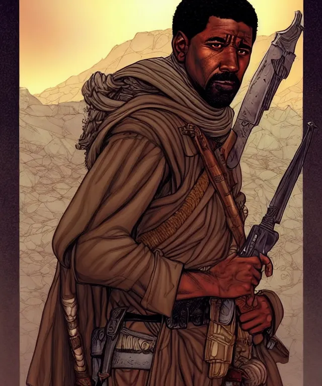 Image similar to a ( fantasy comic ) ( cover art ) portrait of a bedouin soldier who looks like ( denzel washington ), digital illustration by jenny frison and sana takeda and kentaro miura, fine inking lines, vivid colors, dnd, highly detailed!, hd, 4 k, trending on artstation