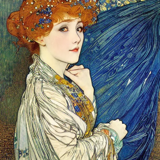 Prompt: The Blonde Girl in the Blue Dress by Gustav Klimt Alphonse Mucha Ayami Kojima and Arthur Rackham