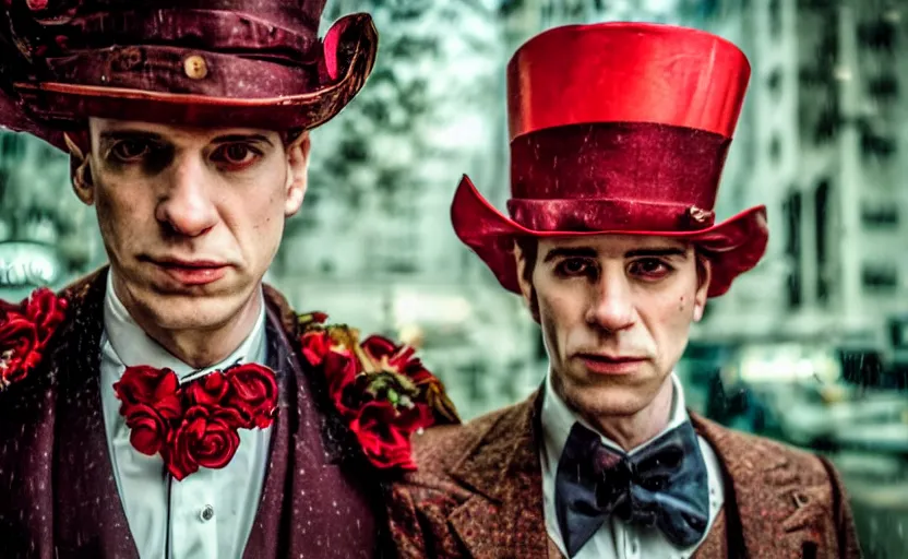 Image similar to cinestill 5 0 d candid photographic portrait by david cronenberg of baroque steampunk cyborg gentleman wearing a red edwardian suit and top hat, floral growths, modern cyberpunk moody emotional cinematic, closeup, pouring rain menacing lights shadows, 8 k, hd, high resolution, 3 5 mm, f / 3 2, ultra realistic faces, ex machina