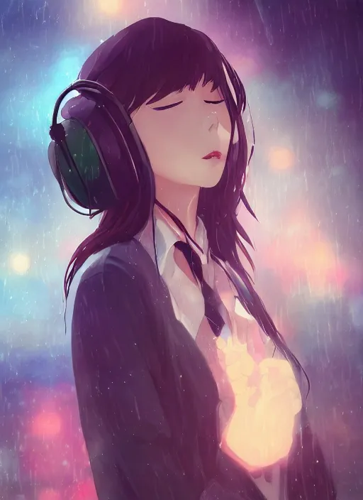 Prompt: listening to music at 2 am, pretty girl, pose, rain, lofi, lofi, peaceful, street light, anime key visual, poster, anime, by wlop, high quality, 4 k, trending, trending on artstation