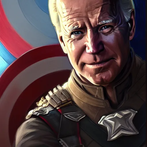 Image similar to Joe Biden as Captain America, western, D&D, fantasy, intricate, elegant, highly detailed, digital painting, artstation, concept art, matte, sharp focus, illustration, art by Artgerm and Greg Rutkowski and Alphonse Mucha