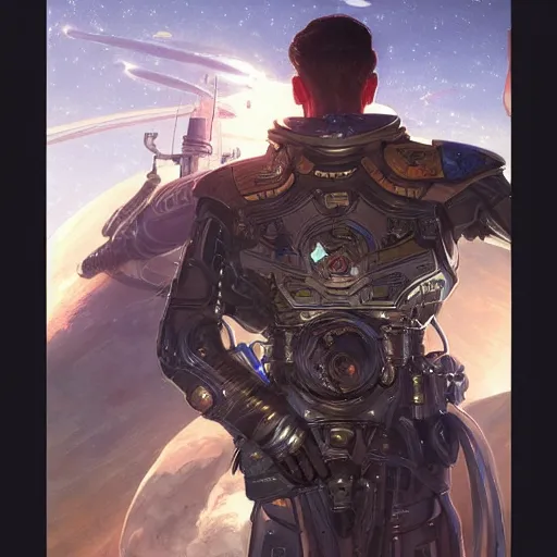 Image similar to portrait of a male space captain standing next to his space fighter ship, D&D, fantasy, intricate, muscular, highly detailed, digital painting, artstation, concept art, smooth, sharp focus, illustration, art by artgerm and greg rutkowski and alphonse mucha