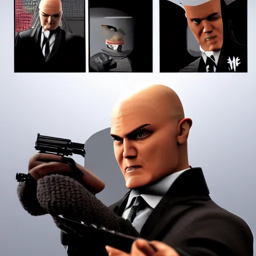 Prompt: agent 47 crochets a gun