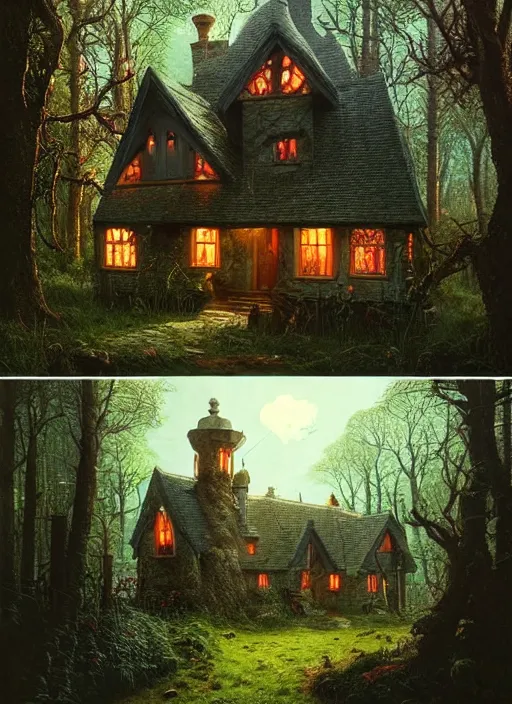 Image similar to hyper realistic homely ornate modern witch cottage far away in the woods gorgeous lighting, blue sky, highly detailed, lush forest by zdzisław beksinski and norman rockwell and greg rutkowskiweta studio, and lucasfilm