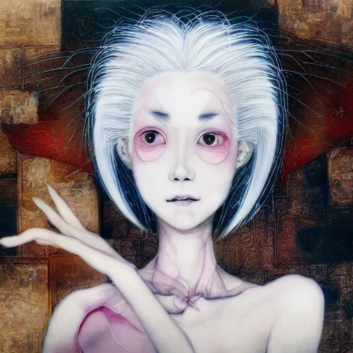 Image similar to yoshitaka amano blurred and dreamy realistic three quarter angle portrait of a woman with white hair and black eyes wearing dress suit with tie, junji ito abstract patterns in the background, satoshi kon anime, noisy film grain effect, highly detailed, renaissance oil painting, weird portrait angle, blurred lost edges