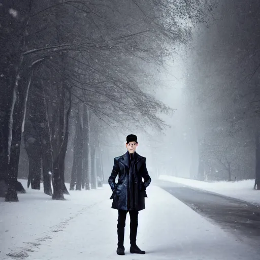 Prompt: beautiful snow - covered korean young man posing on road in park with pines, dressed in leather coat, half - length portrait, perfect symmetrical eyes, cinematic by peter mohrbacher, detailed, hyperrealism