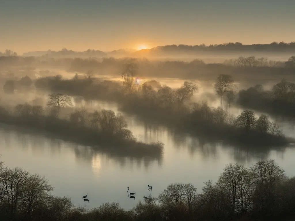 Image similar to A landscape photo taken by Kai Hornung of a river at dawn, misty, early morning sunlight, cold, chilly, two swans swim by, rural, English countryside
