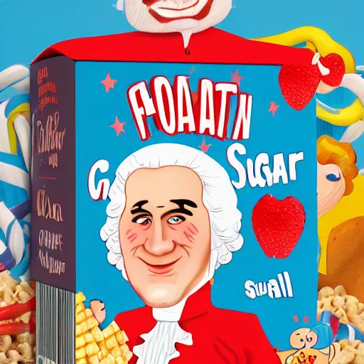 Image similar to silly cover illustration for a box of fat George Washington kids' sugar cereal