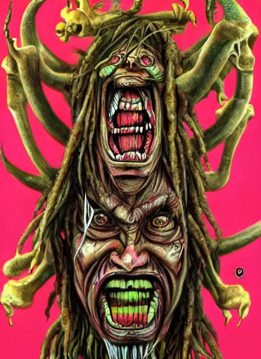 Image similar to a grotesque cyborg demon with dreadlocks telling a joke, airbrush art, shamanic horror lsd art, by basuki abdullah