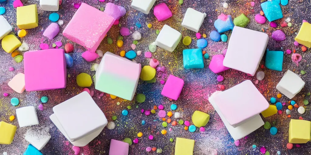 Image similar to photograph of a marshmallow cube with sprinkles and on a dark wooden chopping board, pastel colours, hessian cloth, styled food photography, photorealistic, 4 k