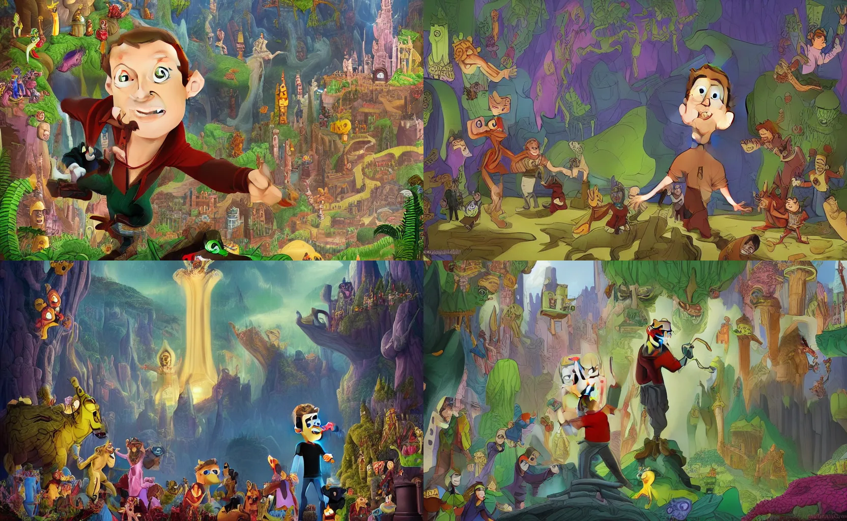 Prompt: Mark Zuckerberg Mark Zuckerberg Mark Zuckerberg is the giant villain villain villain from the coloured Disney animated motion picture released in 1937, beautiful enchanted forest full of critters, directed by Walt Disney, highly detailed background paintings by Thomas Kinkade