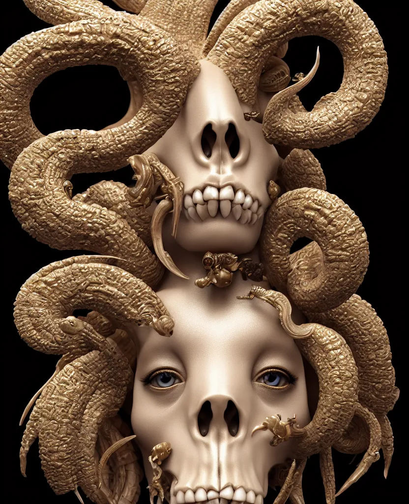 Image similar to goddess princess face close-up portrait ram skull. sculpture made of black clay and gold. jellyfish phoenix head, nautilus, orchid, skull, betta fish, bioluminiscent creatures, intricate artwork by Tooth Wu and wlop and beeple. octane render, trending on artstation, greg rutkowski very coherent symmetrical artwork. cinematic, hyper realism, high detail, octane render, 8k