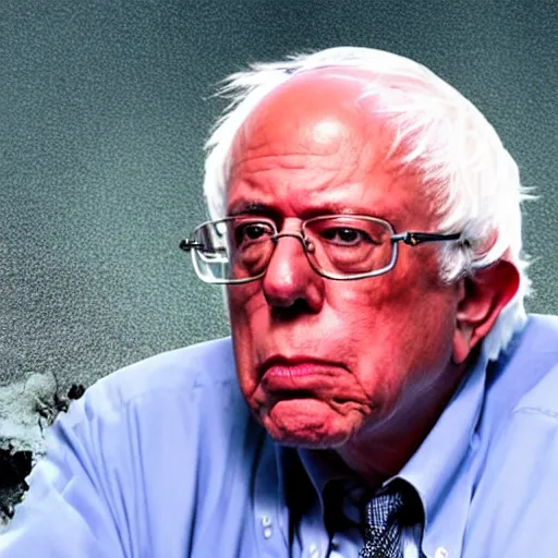 Prompt: bernie sanders arms crossed on chair, under electron microscope