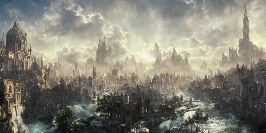 Image similar to beautiful fantasy city made from white stone and bright copper, medieval city, metropolis, magic, waterways, waterfalls, gorgeous clouds, white marble, god rays, digital art, landscape, fantasy art, octane render, ureal engine, high detail, very realistic, by greg rutkowski. by james gurney