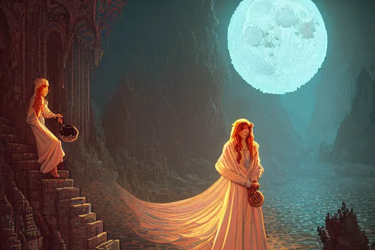 Image similar to the girl of white robes holds the moonstone, beautiful detailed pixelart by albertov, intricate details, beautiful, dithered gradients, volumetric lighting, cgsociety, artstation, smooth, sharp focus, 2 d illustration, amazing art by dan mumford