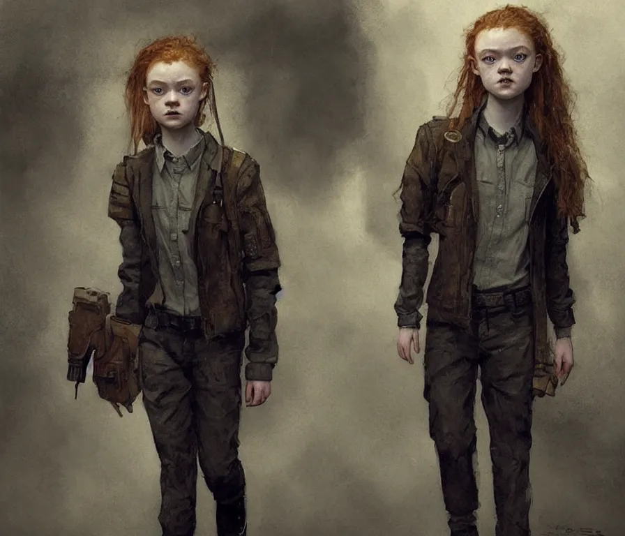 Prompt: sadie sink dressed in rugged school uniform : costume concept for a scifi cyberpunk film. by greg rutkowski, john j. park, jason chan, noah bradley, feng zhu, gintas galvanauskas, gustave courbet, rosa bonheur, edward hopper. sharp focus, cinematic atmosphere, detailed and intricate, perfect anatomy