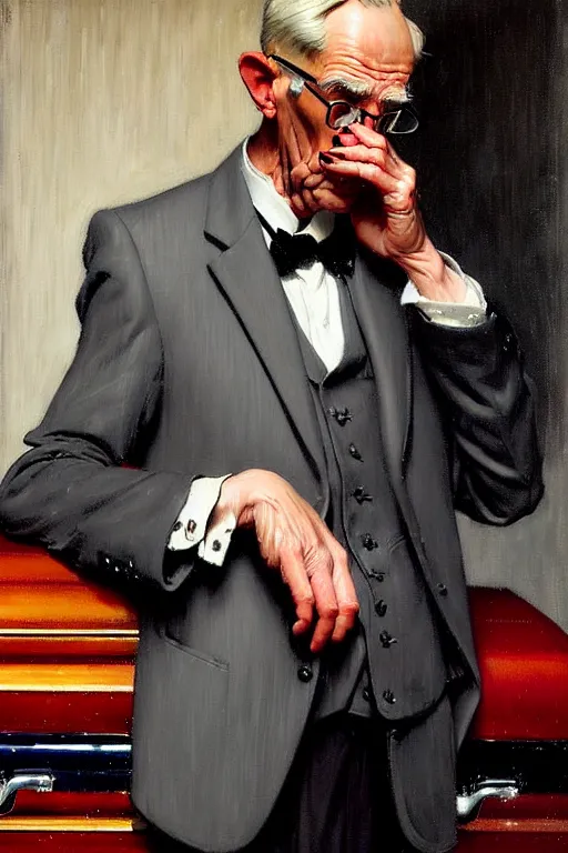 Prompt: a sad man mourning over a casket by sherree valentine daines and sydney prior hall and alfred stevens and norman rockwell, casket, grey suit, highly detailed, deep shadows, accurate face, smooth blending, hyperrealism, dim lighting, candle, victorian, accurate fingers, crisp details, old man