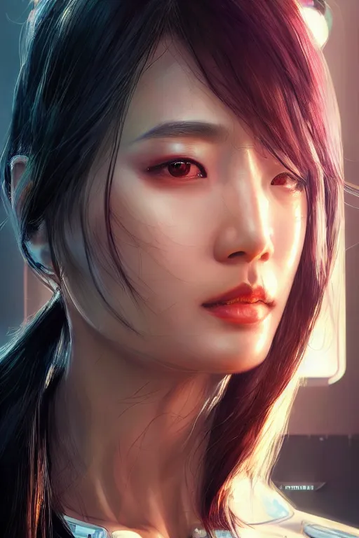 Image similar to Photorealistic illustration, Korean woman with augmented cybernetic eyes in 3/4 portrait view, cyberpunk 2077, sci-fi, futuristic, intricate, elegant, highly detailed, digital painting, artstation, concept art, smooth, sharp focus, art by artgerm, greg rutkowski and alphonse mucha