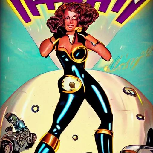 Prompt: cyborg pinup front cover shiny future retro