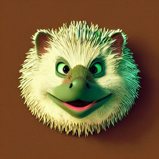 Prompt: behance hd, 3 d head of green hedgehog, cgsociety, symmetrical logo