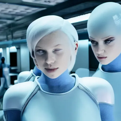Prompt: troop of cloned women with white bob hairdos, tight light blue neopren suits, futuristic production facility, sci - fi, highly detailed, cinematic