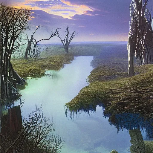 Prompt: ominous shale and ruddy steel arborocity half - submerged in the sipsey river, by michael whelan and by angus mcbride and by ted nasmith, 3 2 k huhd