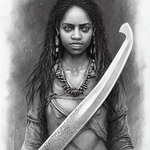 Image similar to artstation concept of a beautiful girl holding a sword in both hands, brown skin, sweaty skin, symmetrical face, casual white garment, brown canyon background, shiny colorful, hyperdetailed, artstation trending, world renowned artists, worth1000.com, historic artworks society, antique renewel, cgsociety, by greg rutkowski, by Gustave Dore, Deviantart