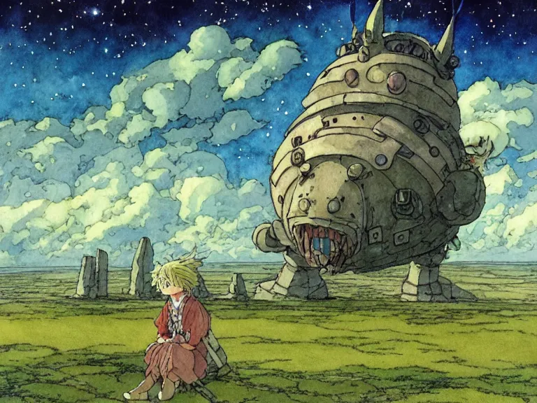 Image similar to hyperrealist studio ghibli watercolor fantasy concept art of an immense starship from howl's moving castle sitting on stonehenge like a stool. it is a misty starry night. by rebecca guay, michael kaluta, charles vess