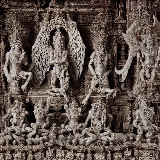 Prompt: temple made of flesh, hindu ornaments, baphomet statue at the center, angel statues, 8 0's horror movie film still, highly detailed, symmetry, award - winning photography, 1 2 0 mm