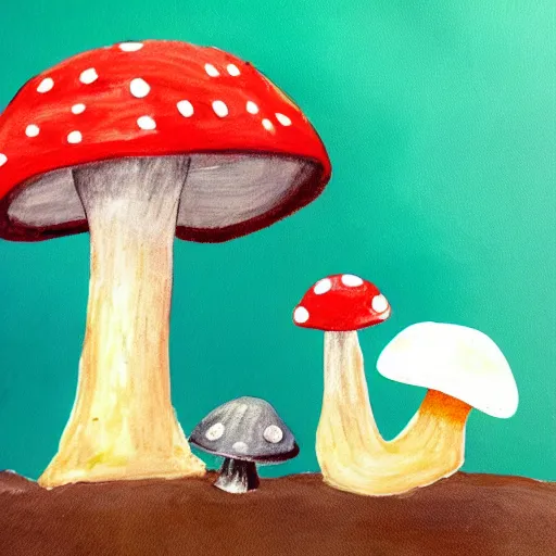 Image similar to a children painting of a cute creature sitting next to a mushroom, detailed, realistic