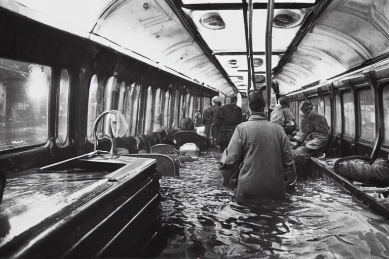 Prompt: !dream Almost completely flooded metro wagon. Photo from inside the wagon, in the center of the frame stands one calm man up to his chest in water and looks at the camera. Warm lighting, old color photo, USSR, extremely detailed, 8k