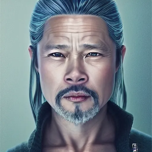 Prompt: portrait painting of a 6 0 year old kind handsome taoist priest, big eyes, deep silhouette ， looks like brad pitt ， silver ponytail hair, amiable by yangjun chen ，, nadar, bright colors, octopath traveler, unreal engine 5 highly rendered, global illumination, radiant light, detailed and intricate environment