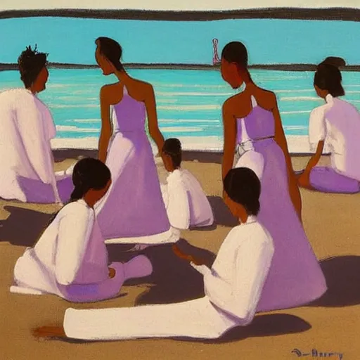Prompt: A beautiful computer art of a group of people on a beach. The colors are muted and the overall tone is serene. The people are all engaged in different activities, from reading to playing games, and the artwork seems to be capturing a moment of peace and relaxation. pale violet, Aztec by Robert Motherwell, by Kitty Lange Kielland jaunty