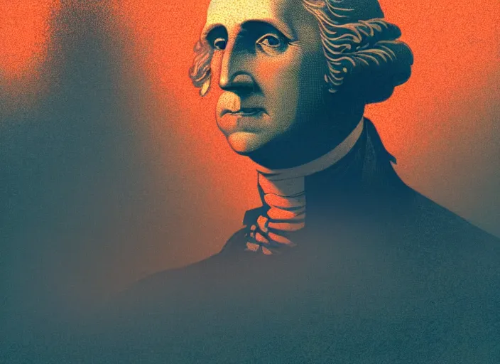 Image similar to portrait of george washington, colorful, mads berg, karolis strautniekas, christopher balaskas, stippled light, low fog, moody, fine texture, editorial illustration, dramatic lighting, dynamic composition, detailed, matte print, muted color, ( ( victo ngai ) ), wide angle ( ( sunbeams ) )