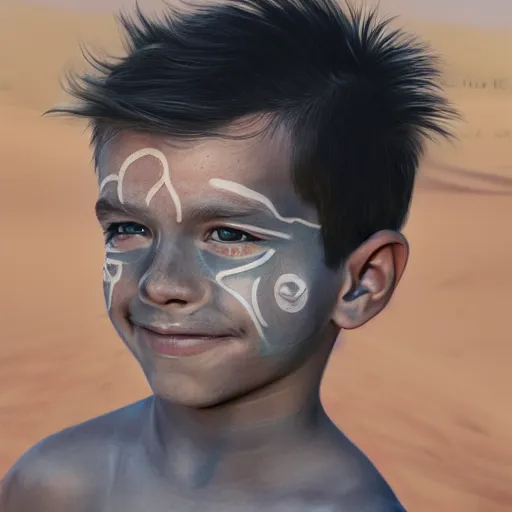 Prompt: a detailed portrait of a boy with a face tattoo in the desert, art illustration, incredibly highly detailed and realistic, 8 k, sharp focus